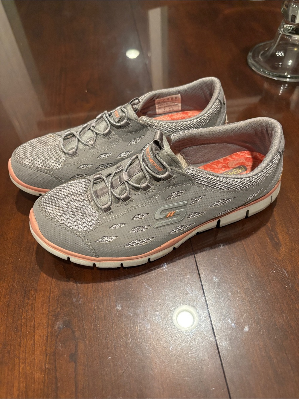 Skechers Gray and Coral Slip-On Walking Sneakers for Women - Picture 2 of 6